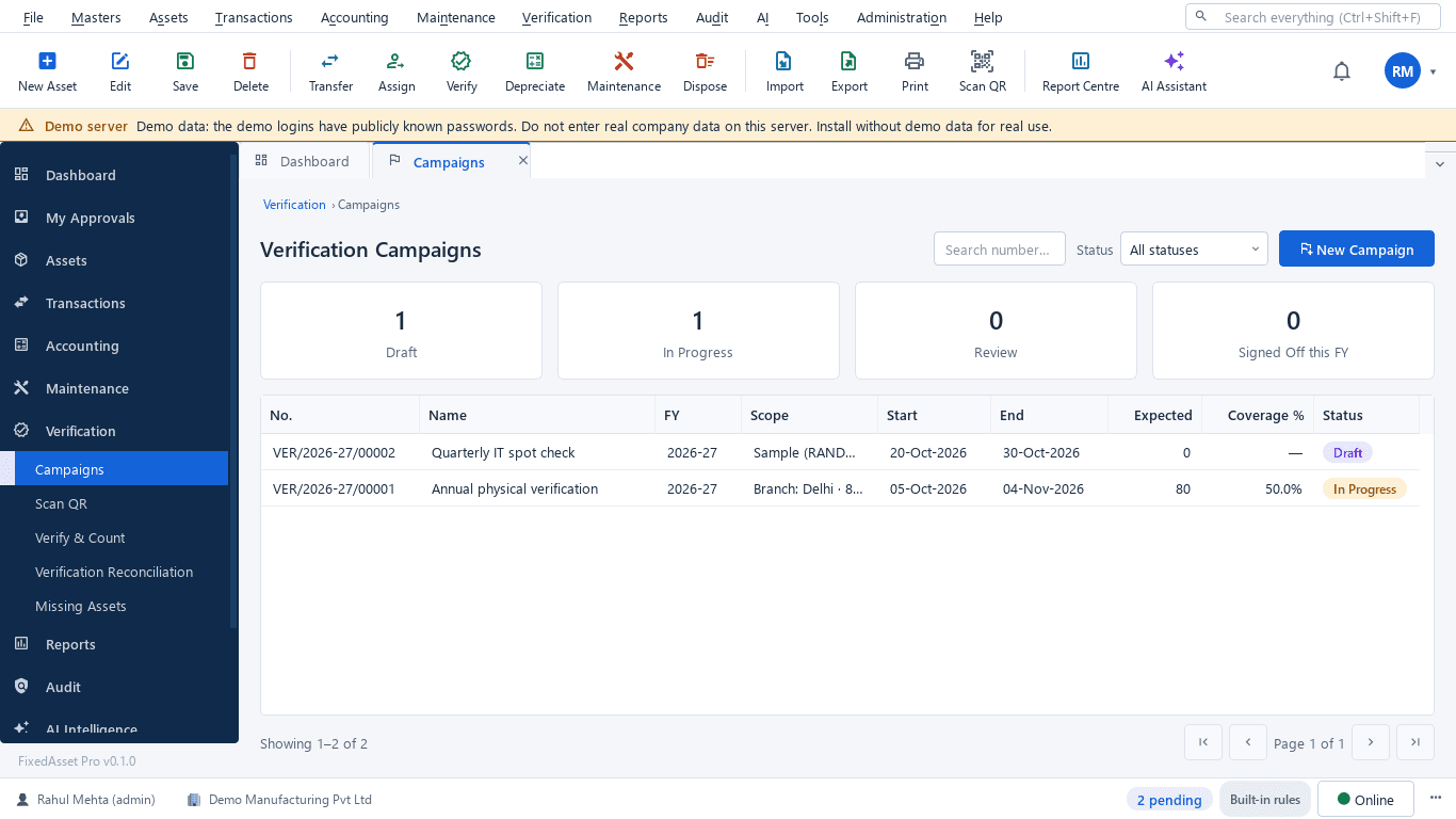 Physical verification campaigns list with scope, progress and status