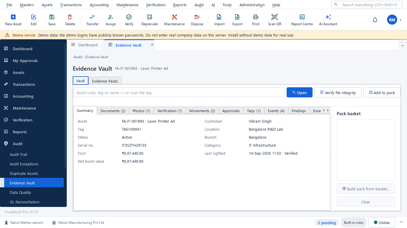 Evidence vault listing documents, photos, verification results and approvals linked to an asset