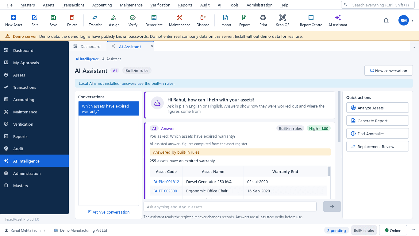 AI Assistant screen answering a question about expired warranties with a table of assets and a note that figures are computed from the register