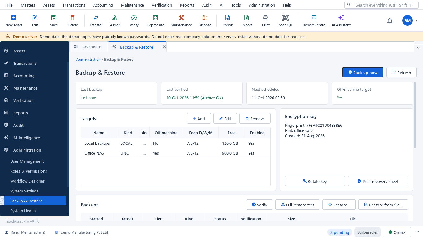 Backup and restore screen with scheduled encrypted backups, off-machine targets and restore tests