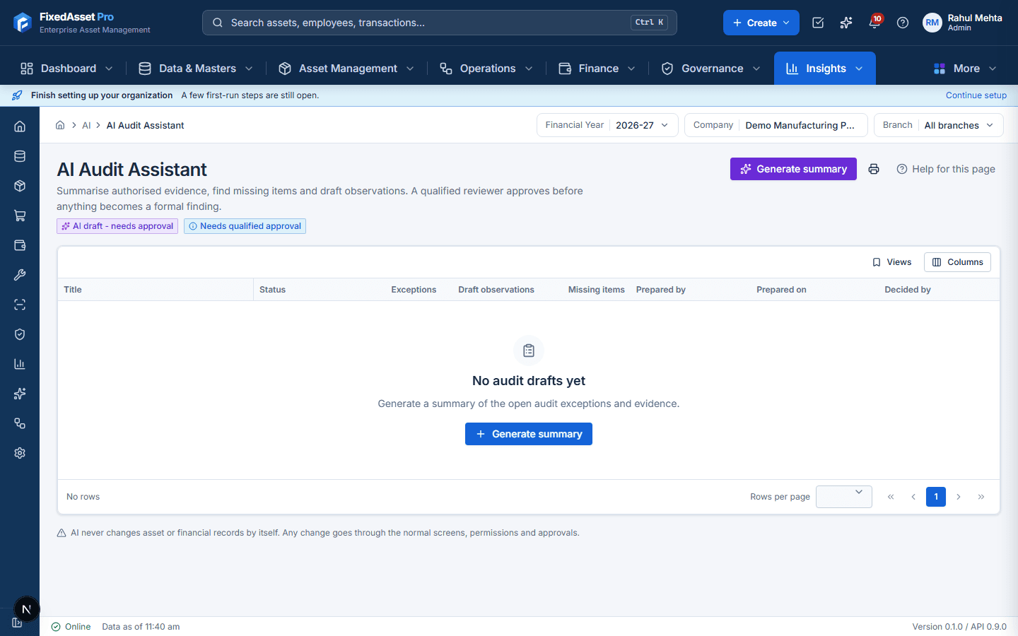 Web app AI Audit Assistant list of audit summary drafts