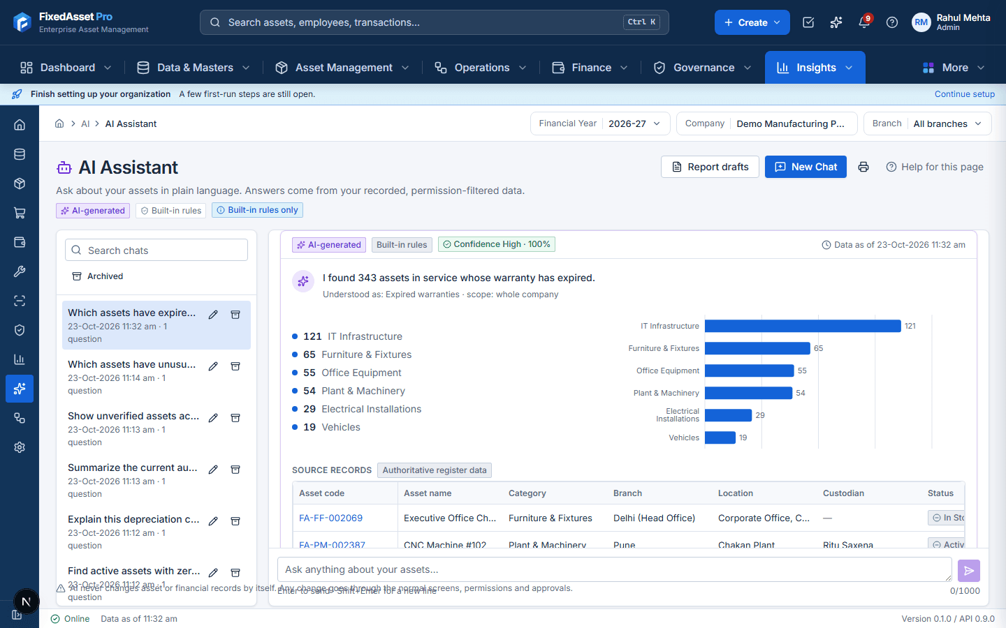Web app AI Assistant answering a question with a breakdown, source records and confidence