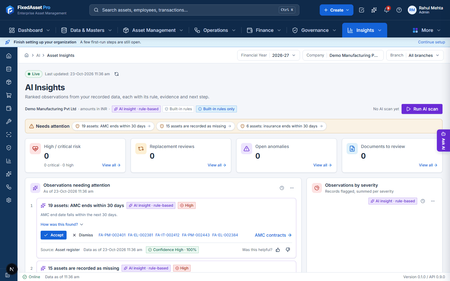 Web app AI Insights with KPI tiles and ranked observations