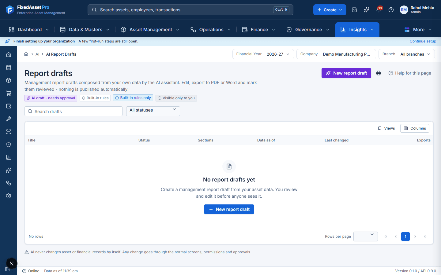 Web app list of AI report drafts