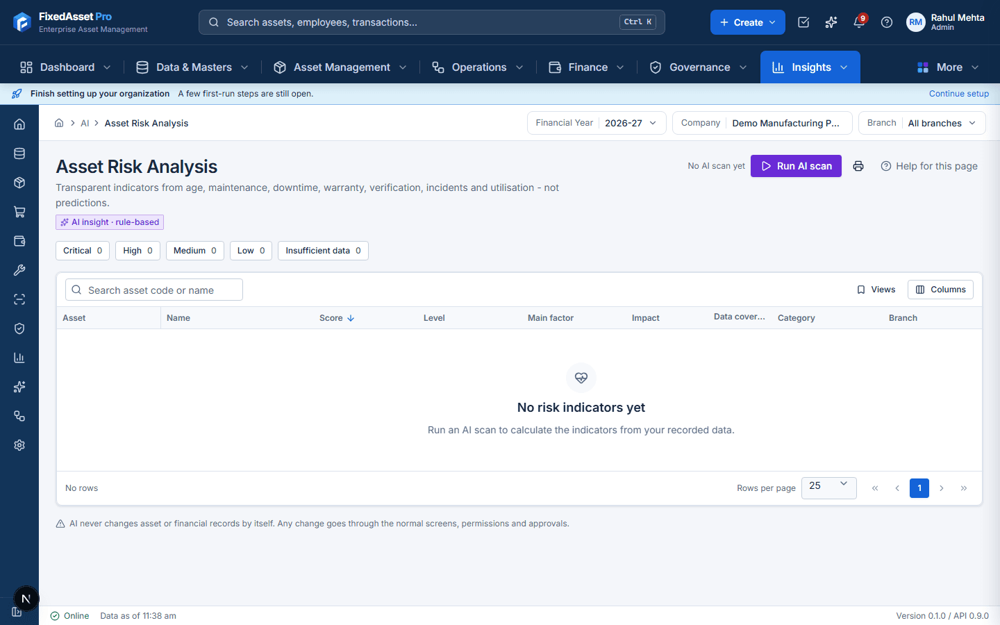 Web app Asset Risk Analysis table with levels and data coverage