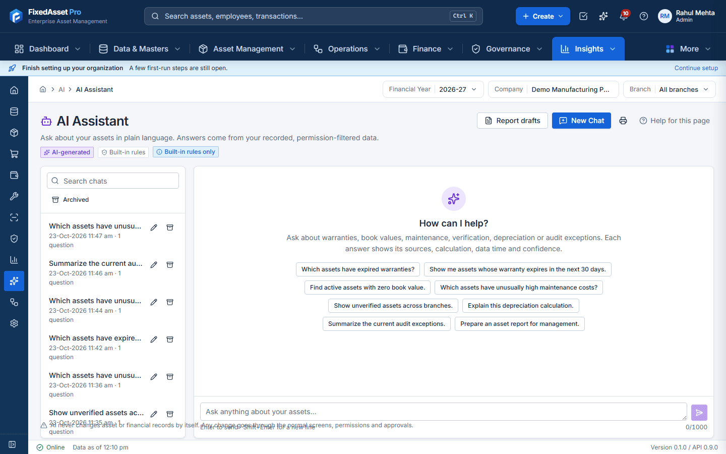 AI Assistant screen answering a question about expired warranties with a table of assets and a note that figures are computed from the register