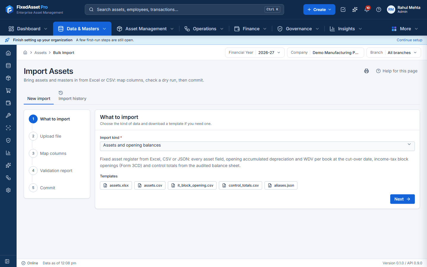 Import wizard with column mapping, dry-run validation and an error report before the all-or-nothing commit