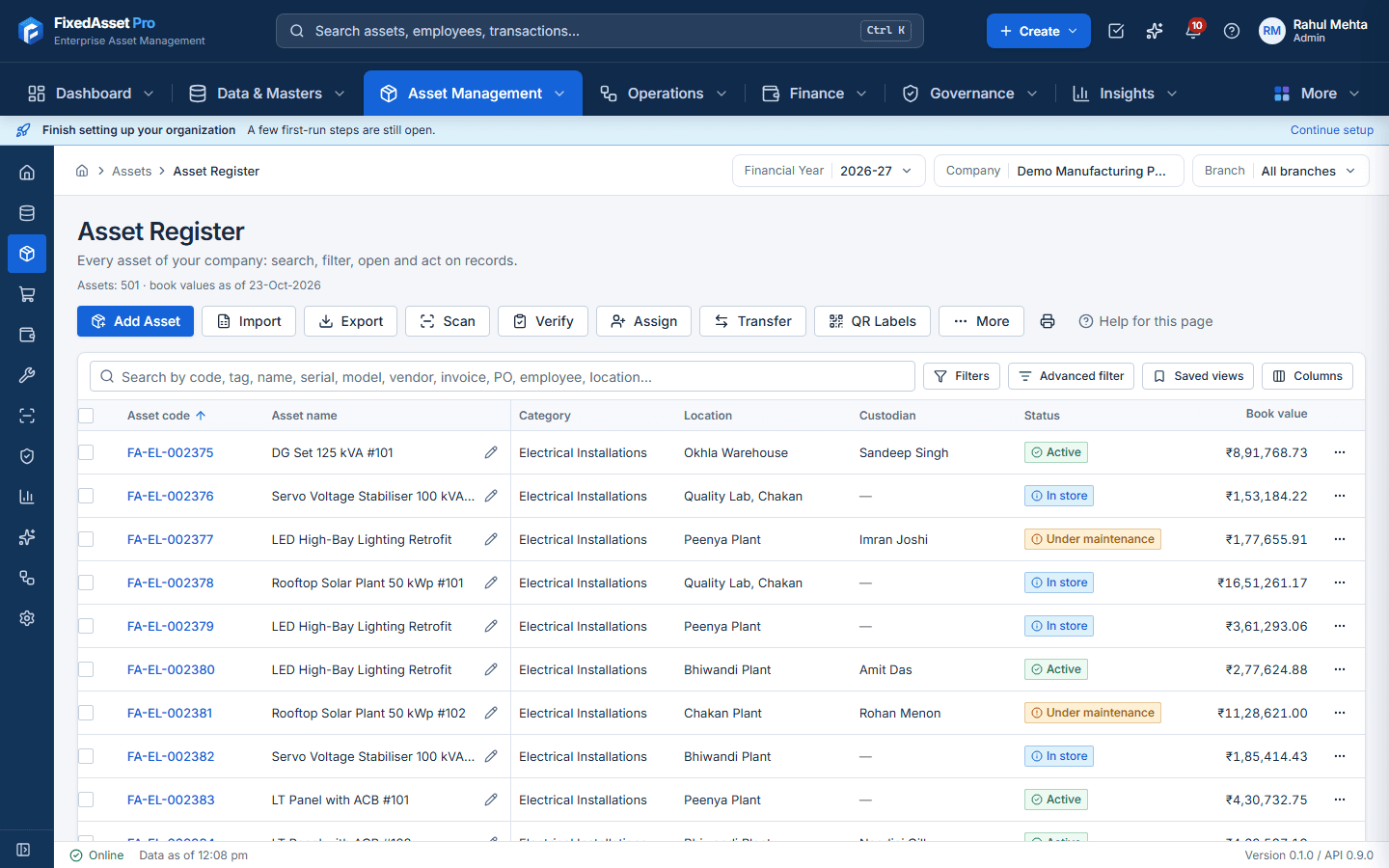 Asset Register screen: a sortable data grid of assets with code, name, category, location, custodian, status, cost and book value, with filters and a toolbar