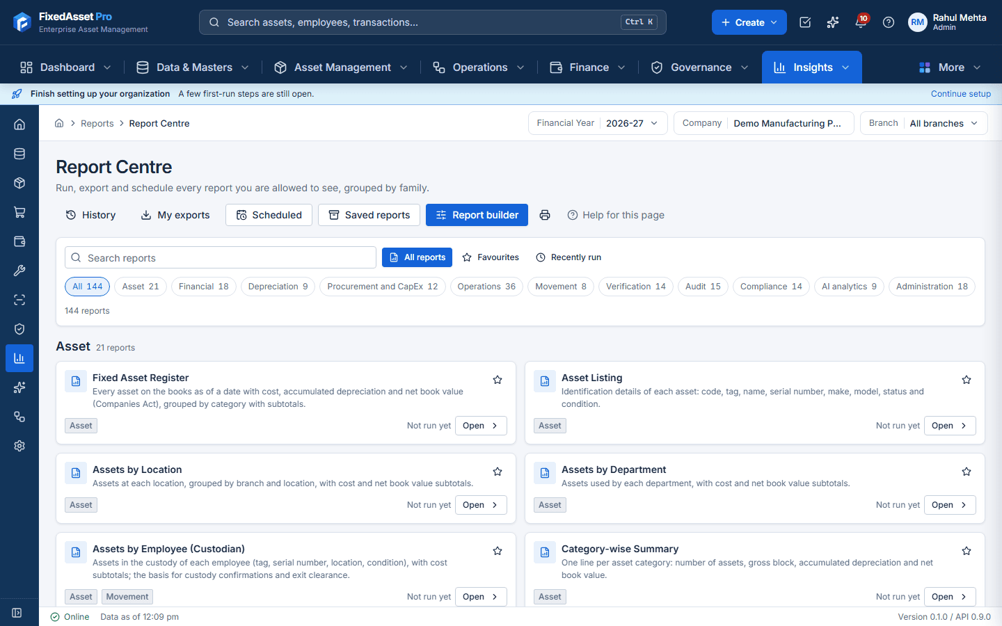 Report Centre with report groups for asset, finance, income tax, operations, audit and system reports