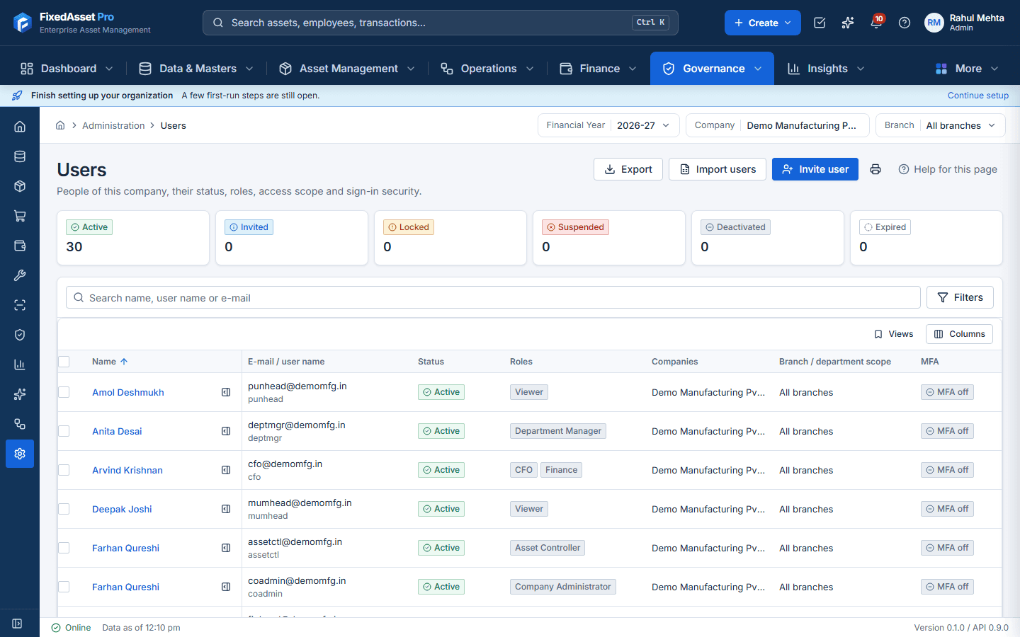 User management screen with users, roles and company, branch and location scopes