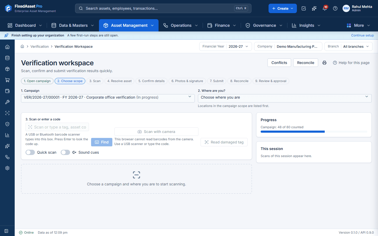 Verify & Count screen: scan or type a code, camera scanning, the asset found with its expected location and custodian, and the proposed result