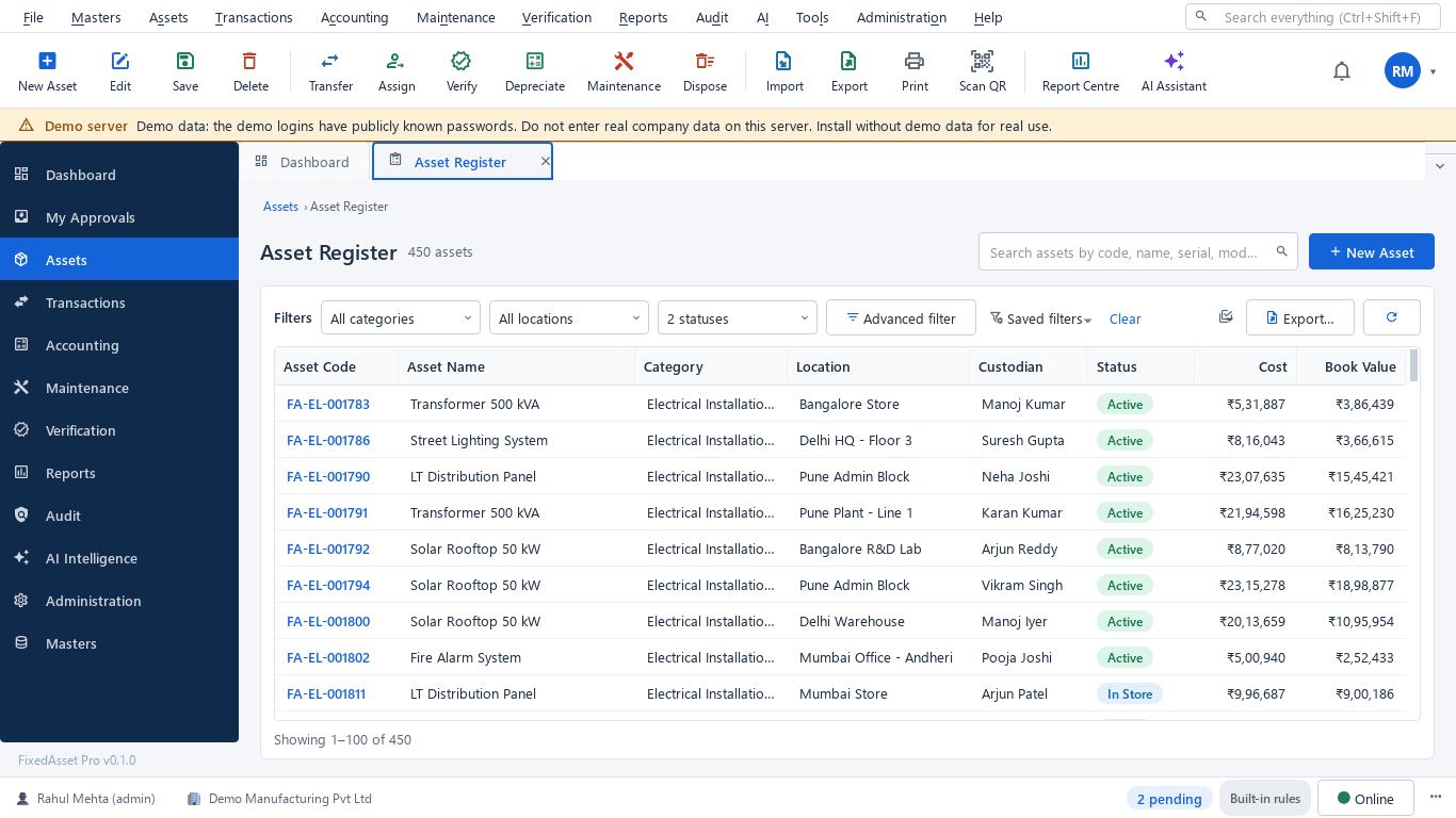 Asset Register screen: a sortable data grid of assets with code, name, category, location, custodian, status, cost and book value, with filters and a toolbar