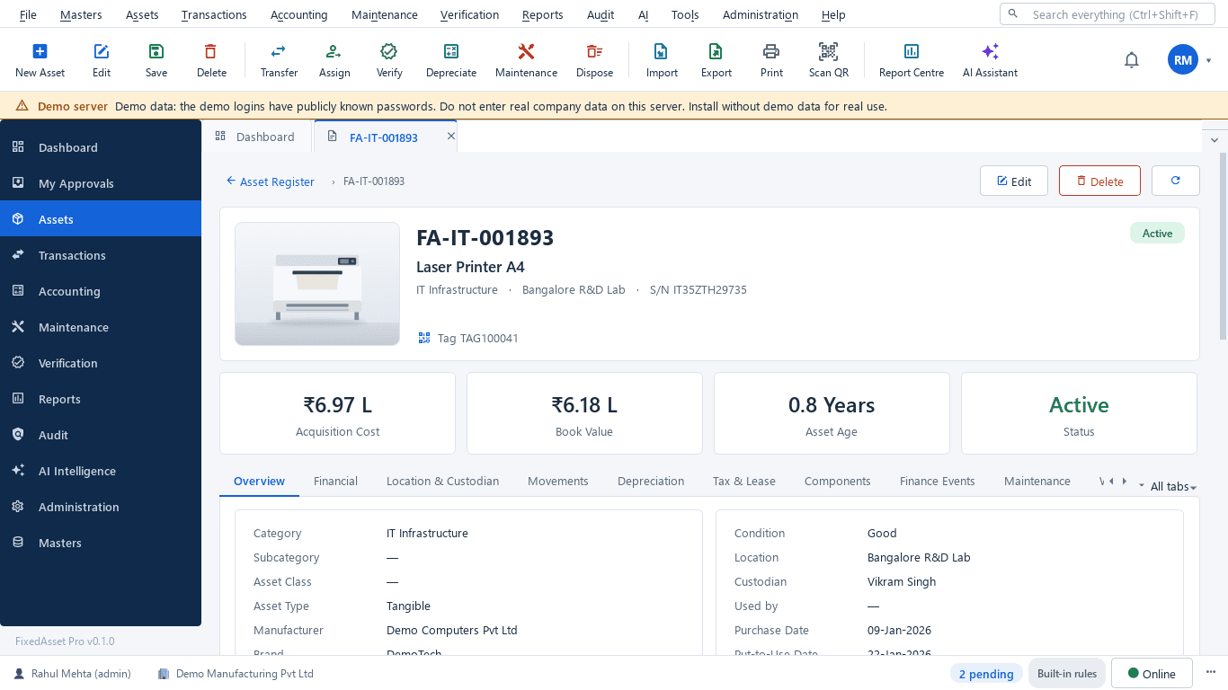 Asset card with tabs for financial, depreciation, components, maintenance, warranty, documents, verification, AI insights and audit history