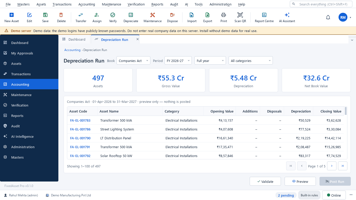 Depreciation run screen: period, book and category selection with a preview of opening, additions, disposals, depreciation and closing figures