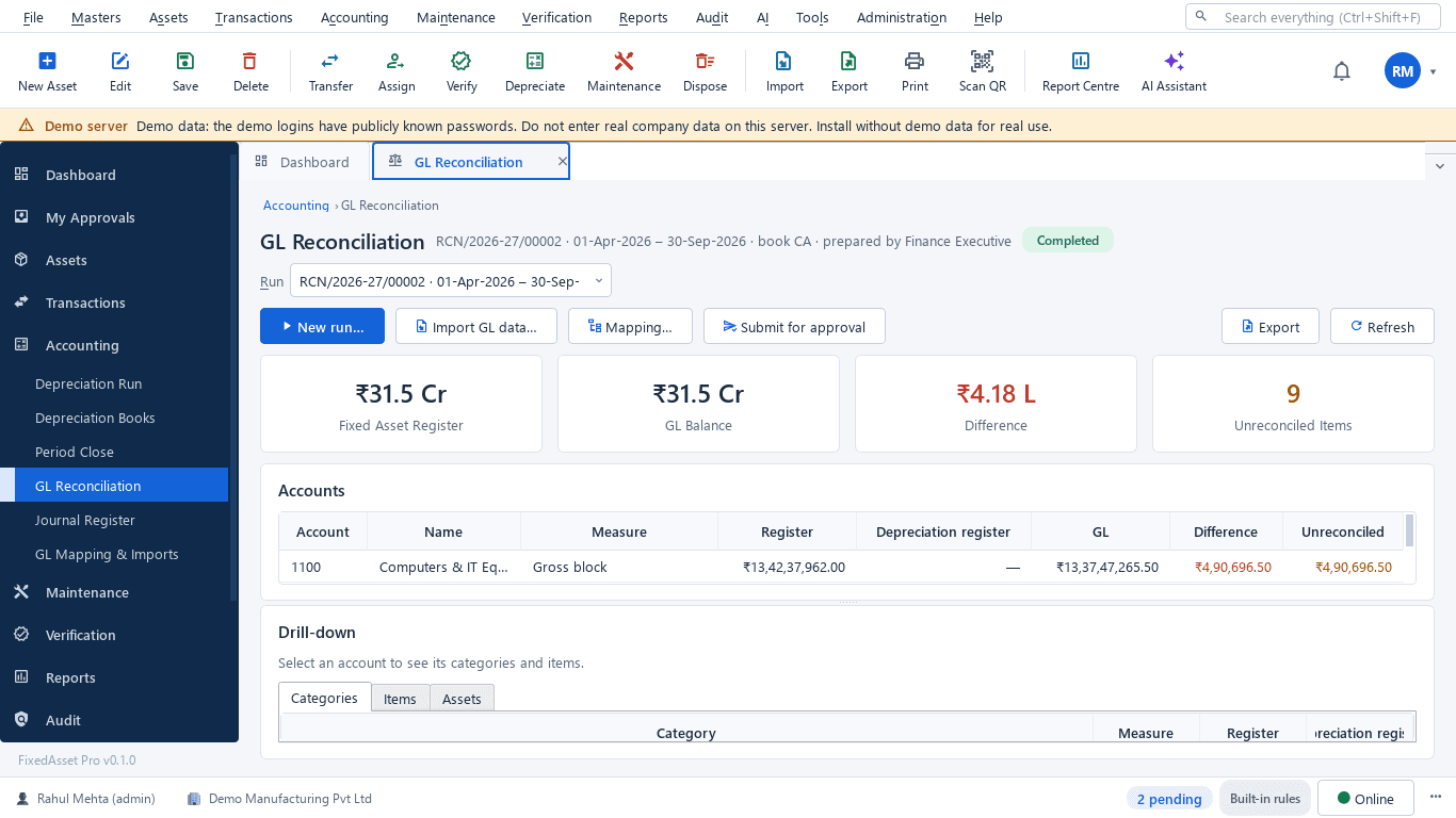 GL reconciliation screen comparing the asset register, the general ledger and depreciation with drill-down to the asset