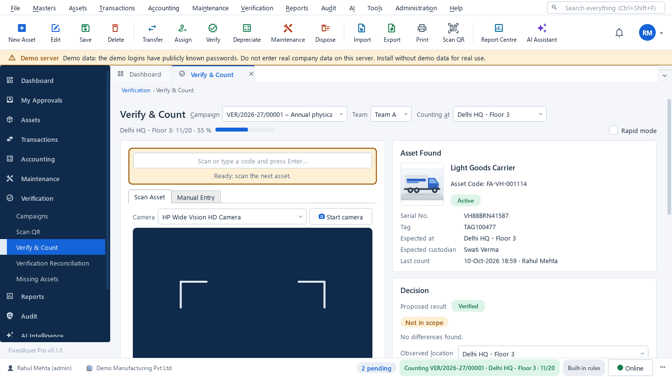 Verify & Count screen: scan or type a code, camera scanning, the asset found with its expected location and custodian, and the proposed result