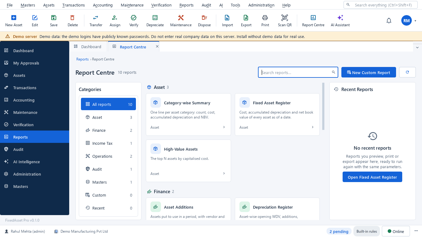 Report Centre with report groups for asset, finance, income tax, operations, audit and system reports