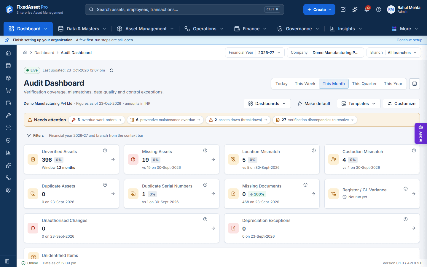 Audit dashboard with tiles for verified, missing, mismatched and duplicate assets, missing documents and register-to-GL variance