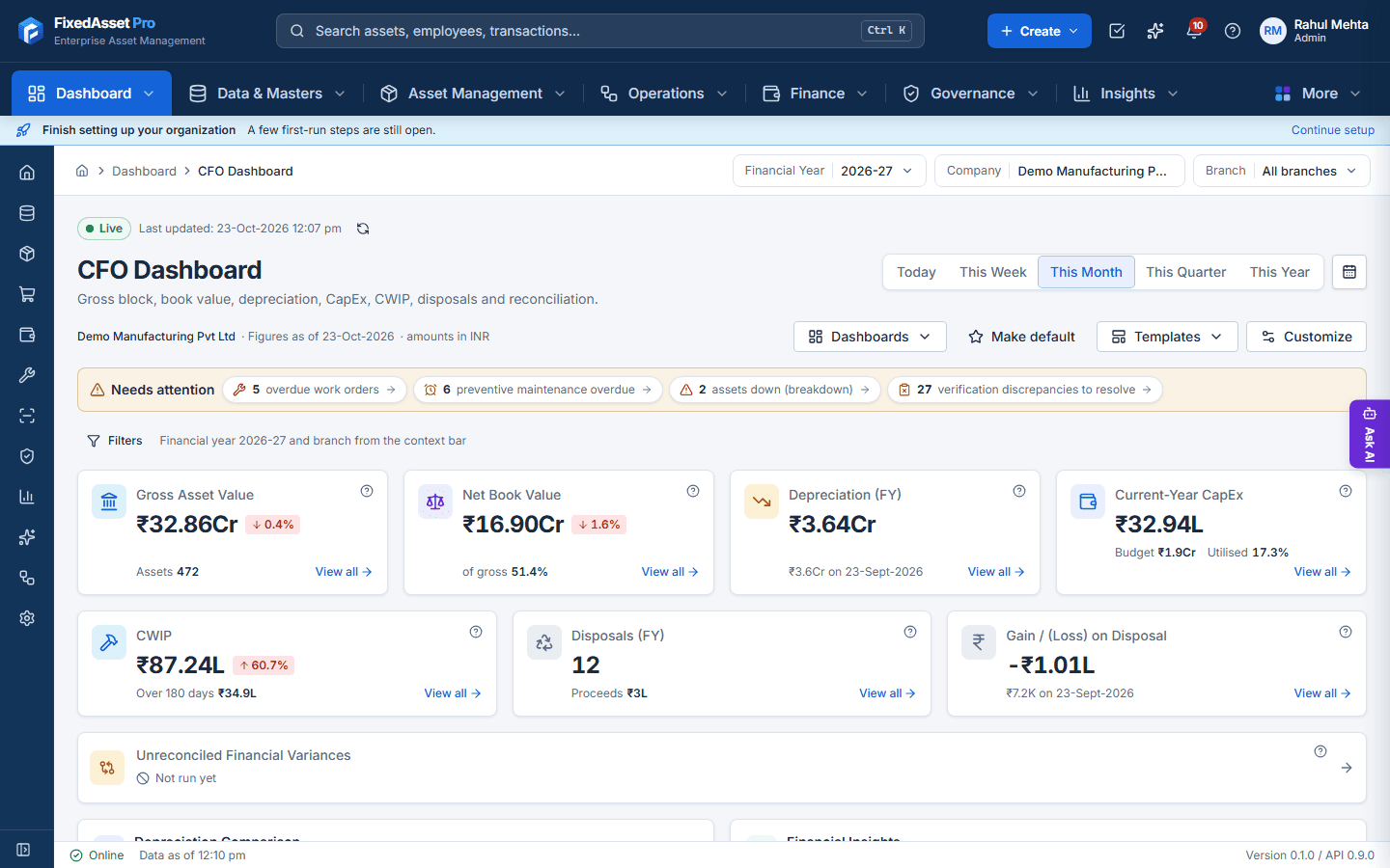Asset Manager Dashboard of the FixedAsset Pro desktop application: KPI cards for total and active assets, gross asset value, net book value and depreciation, with an asset value by category chart and an asset growth chart