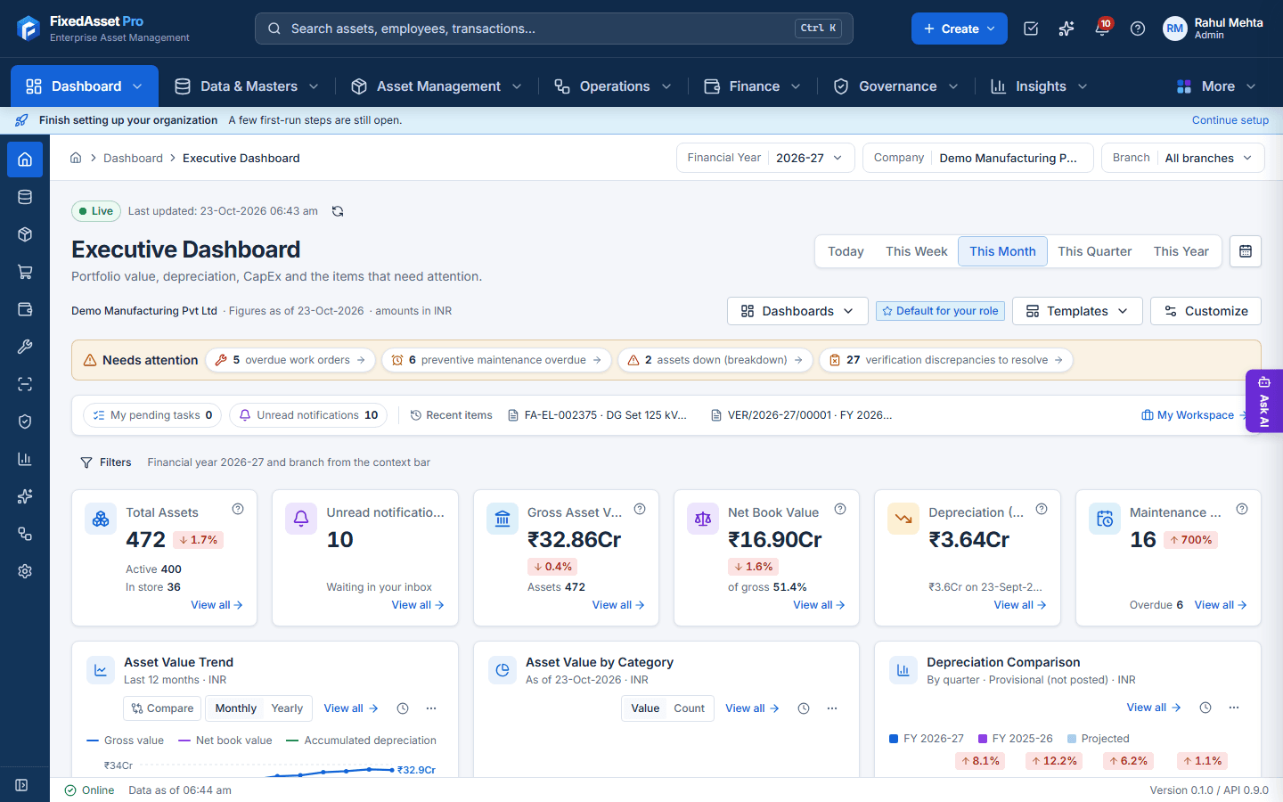 Asset Manager Dashboard of the FixedAsset Pro desktop application: KPI cards for total and active assets, gross asset value, net book value and depreciation, with an asset value by category chart and an asset growth chart