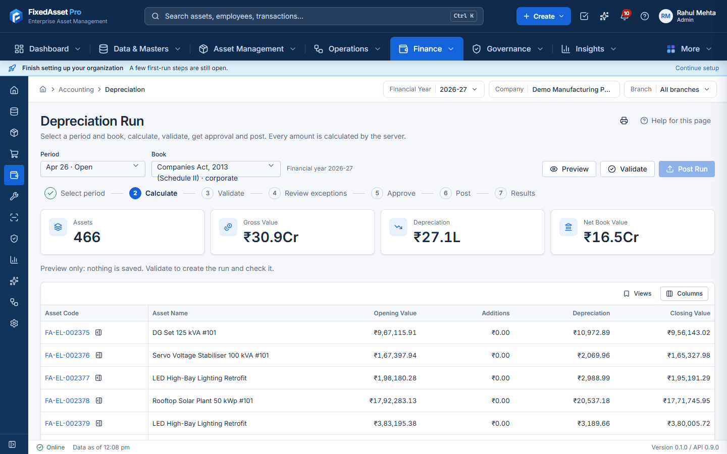 Depreciation run screen: period, book and category selection with a preview of opening, additions, disposals, depreciation and closing figures